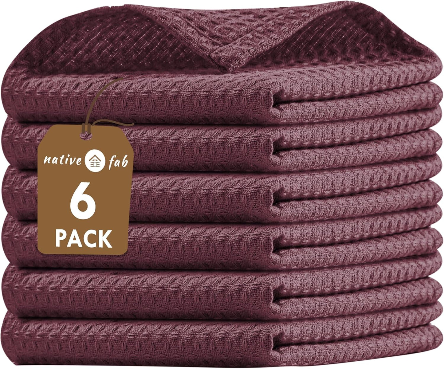 Native Fab 6 Pack Cotton Waffle Dish Cloths - 12x12 inch, Soft, Absorbent & Quick Drying Towels for Cleaning, Cooking & Baking - Great for Home, Restaurants, Cafes & Bars - Burgundy Wine