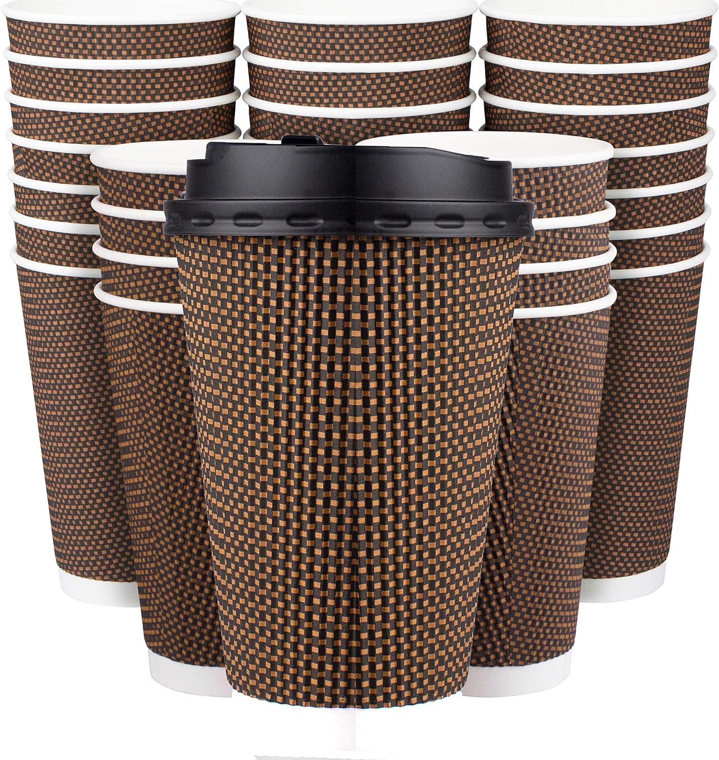 Promora Brown Disposable Coffee Cups With Lids 16 oz, Premium Insulated Paper Ripple Cups for Hot Coffee (80 Pack)