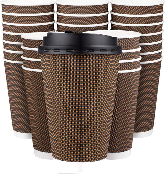 Promora Brown Disposable Coffee Cups With Lids 16 oz, Premium Insulated Paper Ripple Cups for Hot Coffee (80 Pack)