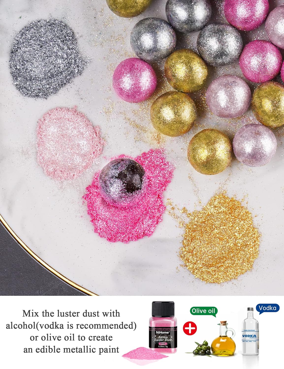 NiHome Edible Luster Dust Glitter Powder Fancy Metallic Sprinkles, Glimmer Luster Dust 4 Bottles of 0.18oz/5g for Decorating Drinks Cakes in Bakeries, Allergen-Free Food Coloring (4 Colors 20g)