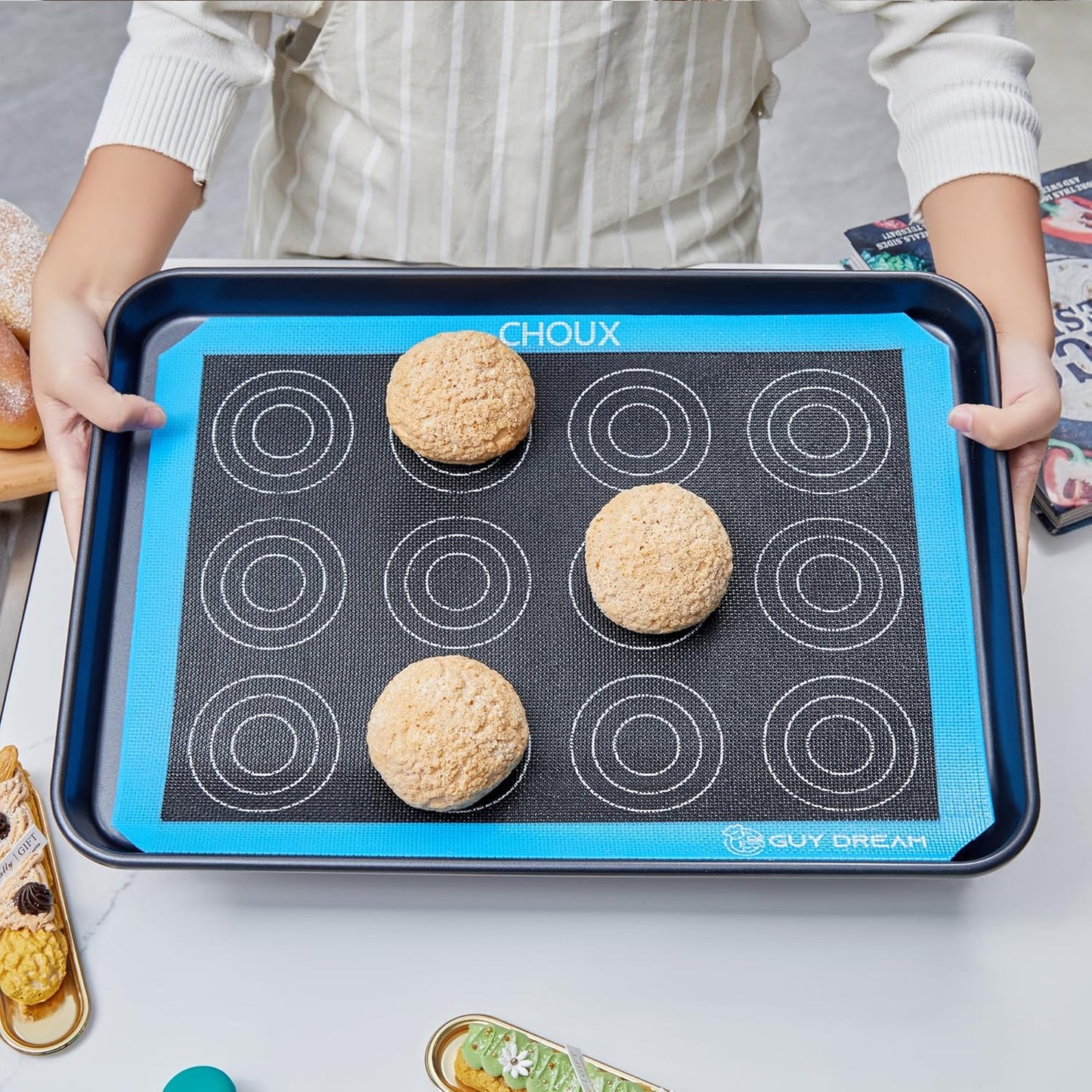 3PCs GUY DREAM Perforated Silicone Baking Mat 11-4/5" x 15-3/4" - 1 Choux Mat, 1 Eclair Mat and 1 Blank Mat for Baking Cookie- Steaming Mesh For Half Size Cooking Sheet- Non-Stick Reusable Oven Liner