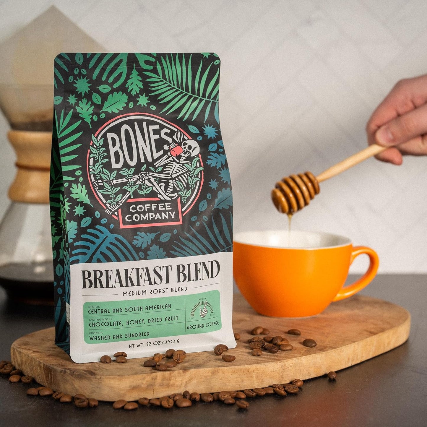 Bones Coffee Company Breakfast Blend, Chocolate, Honey and Dried Fruit Notes, Unflavored Coffee, Medium Roast Low Acid Arabica Beans Compatible with Auto drip and French Press Coffee Maker, 12 Oz Whole Bean