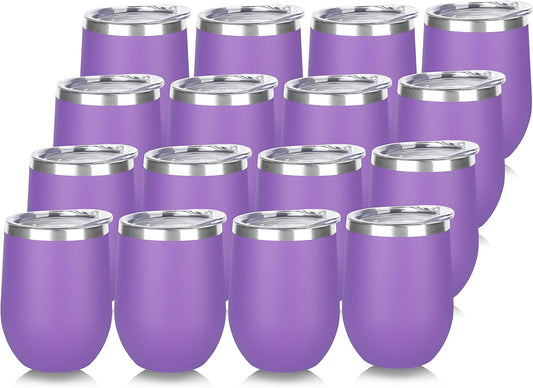 DOMICARE Stainless Steel Wine Tumbler Bulk with Lid, Personalized Insulated Tumblers Set, 12oz Travel Coffee Cups Pack of 16, Purple