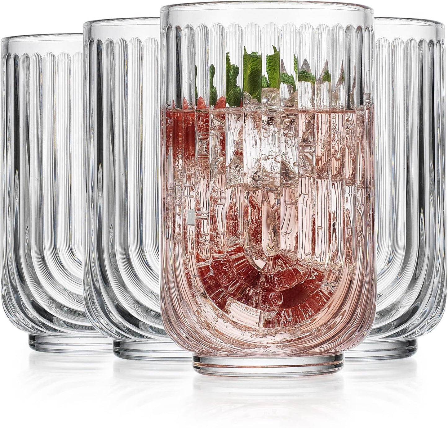 Glaver's Drinking Glasses Set of 4. 17oz Vintage Ripple Cocktail Glasses, Ribbed Highball Glass Cups. Arch Designed Art Deco Glassware for Water Juice Coffee.