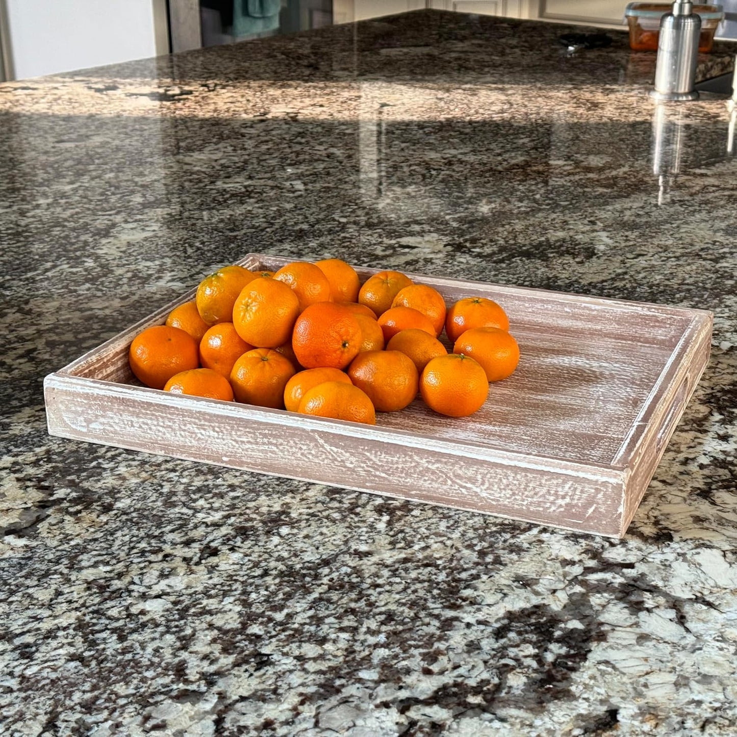 Allgala Wooden Tray - 17"x13"x2" Vintage Beige Rectangle Stylish Rustic Farmhouse Decor Serving Platter