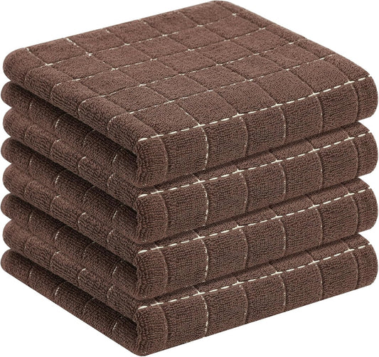 Homaxy 100% Cotton Terry Kitchen Towels(Brown, 13 x 28 inches), Checkered Designed, Soft and Super Absorbent Dish Towels, 4 Pack