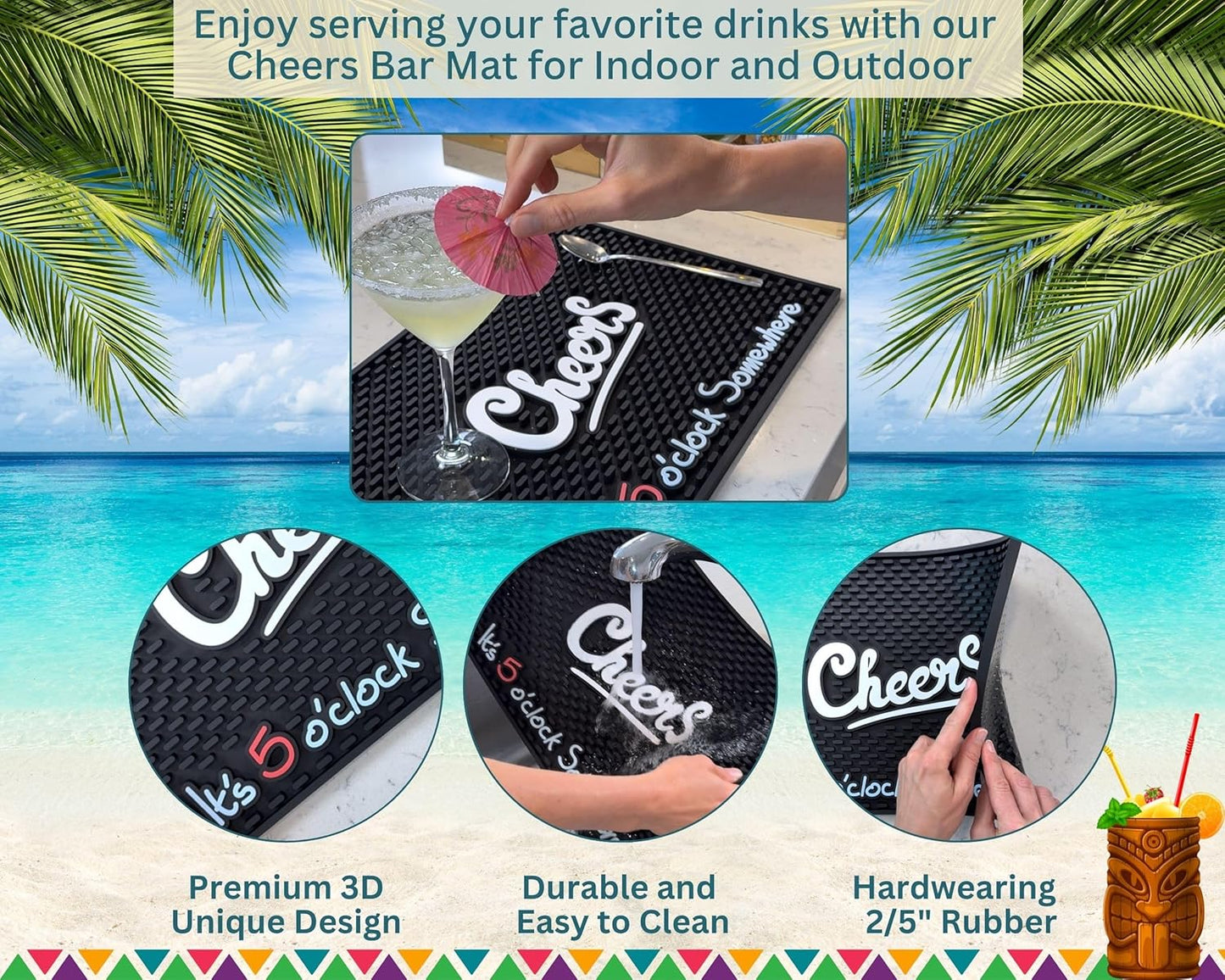 Cheers It's 5 o'clock Somewhere Tiki Bar Mats for Countertop 18 x 12in, Tiki Decor Cheers Sign for Bar Cart Decor and Essentials, Silicone Coffee Mat and Coffee Matt for Counter, Drink Signs for Party