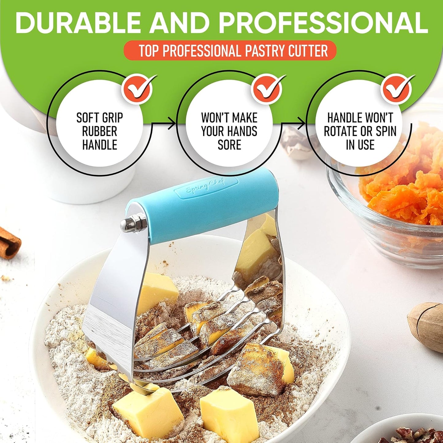 Spring Chef Dough Blender, Top Professional Pastry Cutter, Heavy Duty Baking Tool with Stainless Steel Blades, Medium Size, Aqua Sky