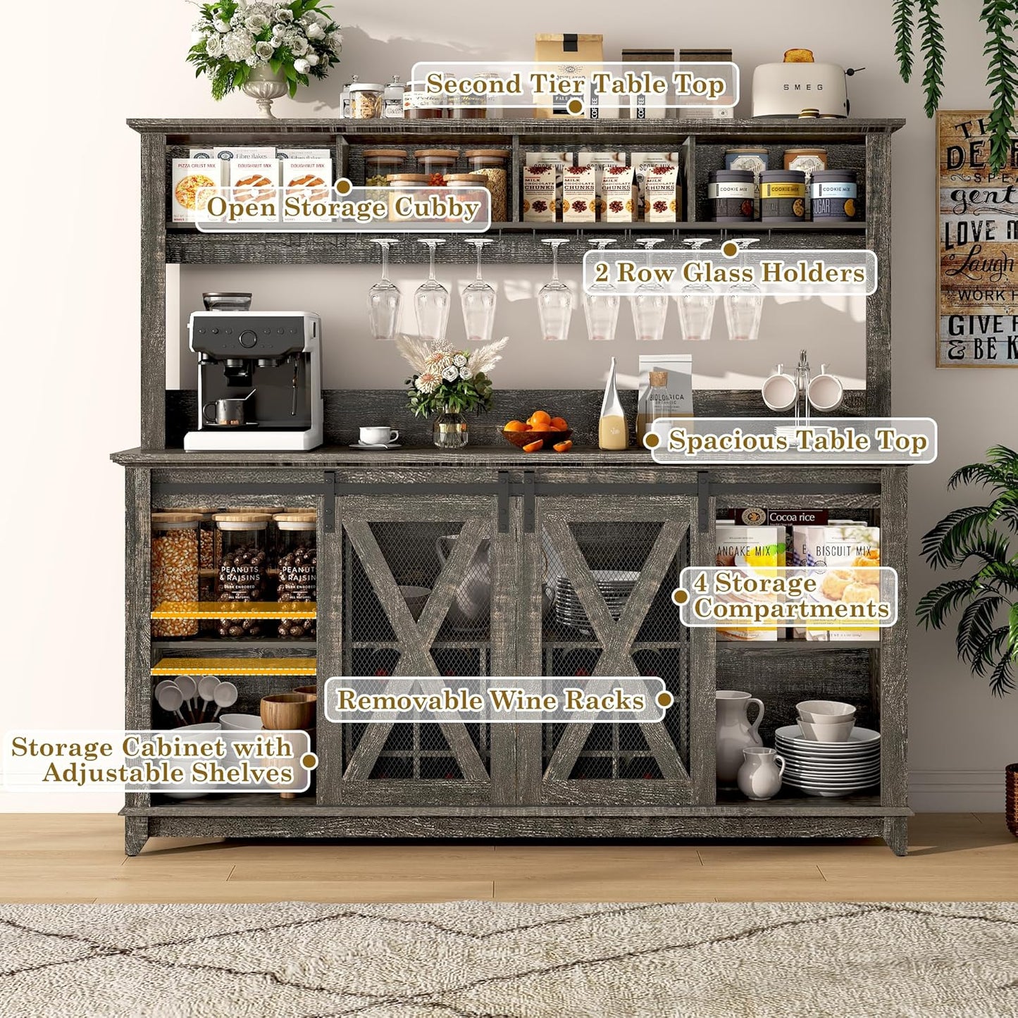 63"W Farmhouse Coffee Bar Cabinet with LED Light,Wine Bar Cabinet w/ 4 Tier Storage Hutch,Kitchen Buffet Cabinet w/Sliding Barn Door & 15 Wine and Glass Racks for Kitchen Dining Room(Dark Rustic Oak)