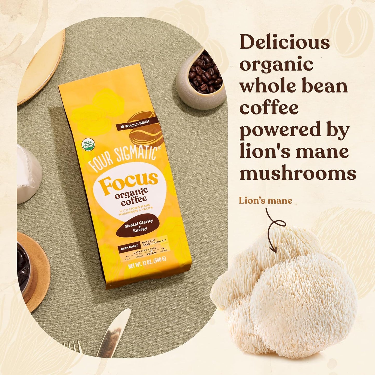 Four Sigmatic Dark Roast Organic Whole Bean Coffee | Gourmet Nootropic Mushroom Coffee Beans with Lion's Mane & Chaga Mushrooms for Enhanced Brain Function and Immune Support | 12oz