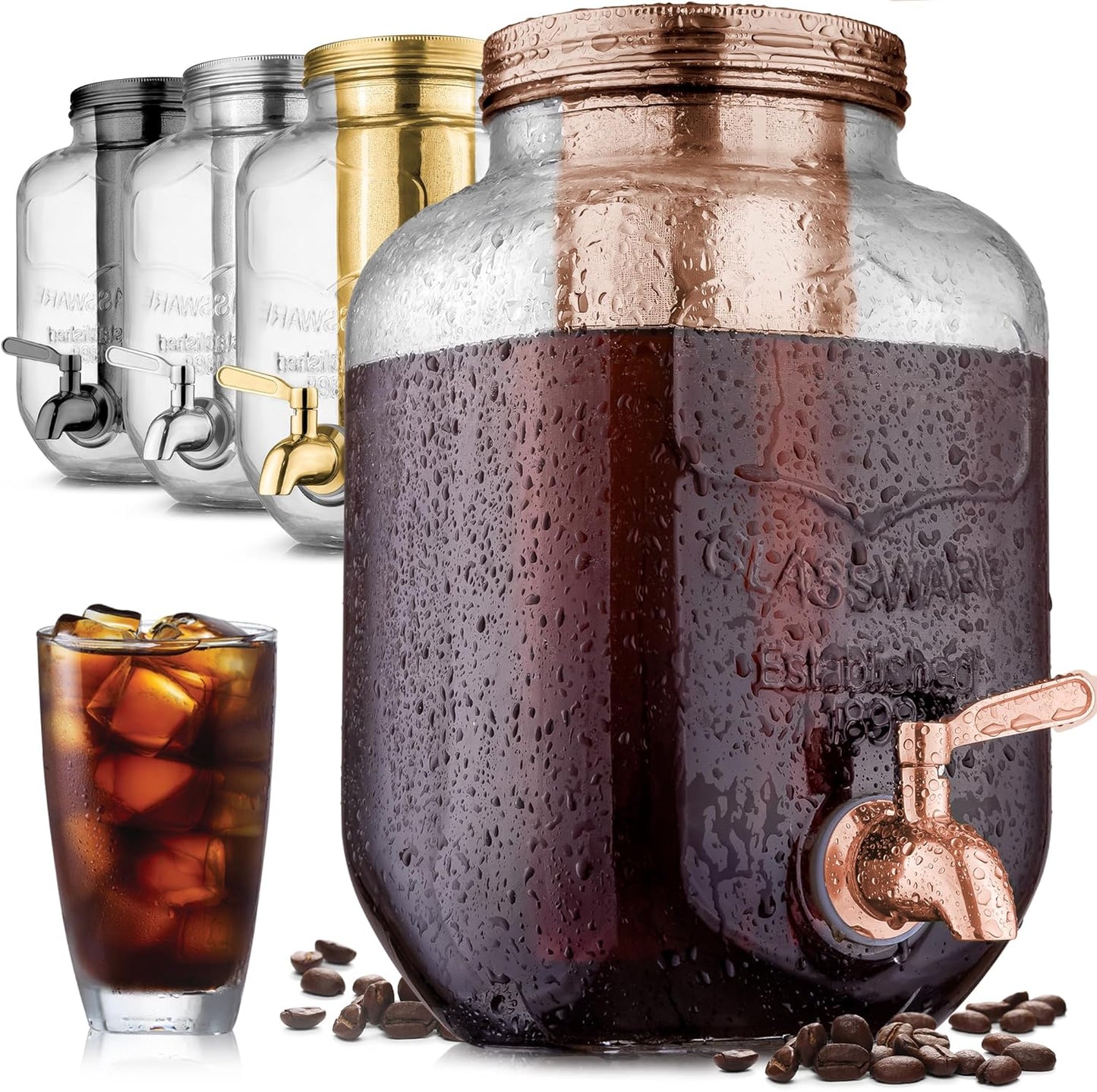 Zulay Kitchen 1 Gallon Cold Brew Coffee Maker - Large Iced Tea & Cold Brew Pitcher with Extra-Thick Glass & Stainless Steel Infuser - Drink & Beverage Dispenser Jar with Airtight Lid & Spout Rose Gold