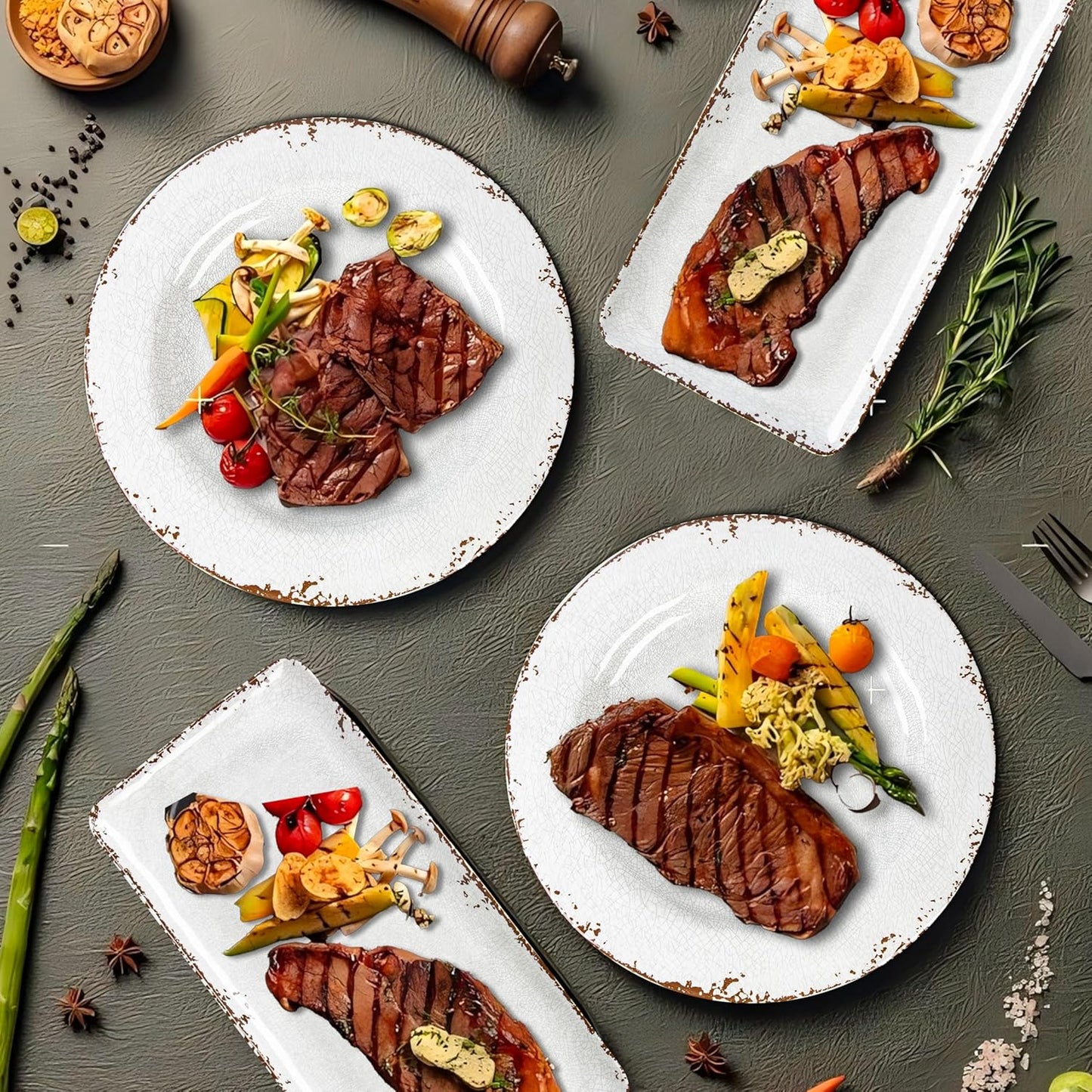 4-Pack 14" x 7" White Serving platter Set, Reusable Farmhouse Melamine Serving Platters for Cookie, Appetizer, Charcuterie, Snack, Party Food Display - Stackable Kitchen CounterTop Tray.