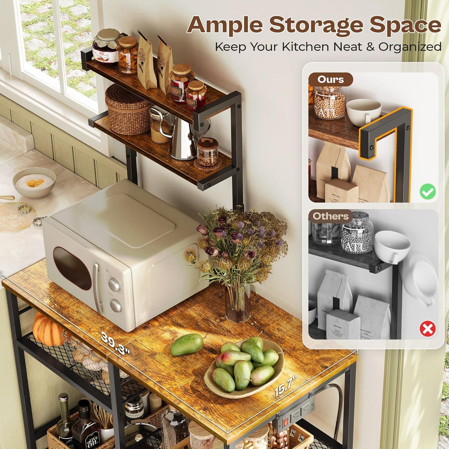 Huuger 39.4 Inch Bakers Rack with Power Outlets, Kitchen Microwave Stand with Storage, Coffee Bar with 4 Hooks, 3-Level Height Open Shelves, Retro Brown