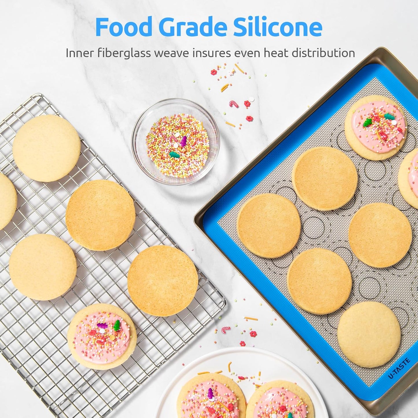 446ºF Heat Resistant Macaron Mat: U-Taste 11x11in Non Stick Silicone Baking Mat, Reusable Cookies Pastry Sheet Liner with Edge Enhancement & Circle Measurement for Square Cake Pan (2 PCS, Light Blue)