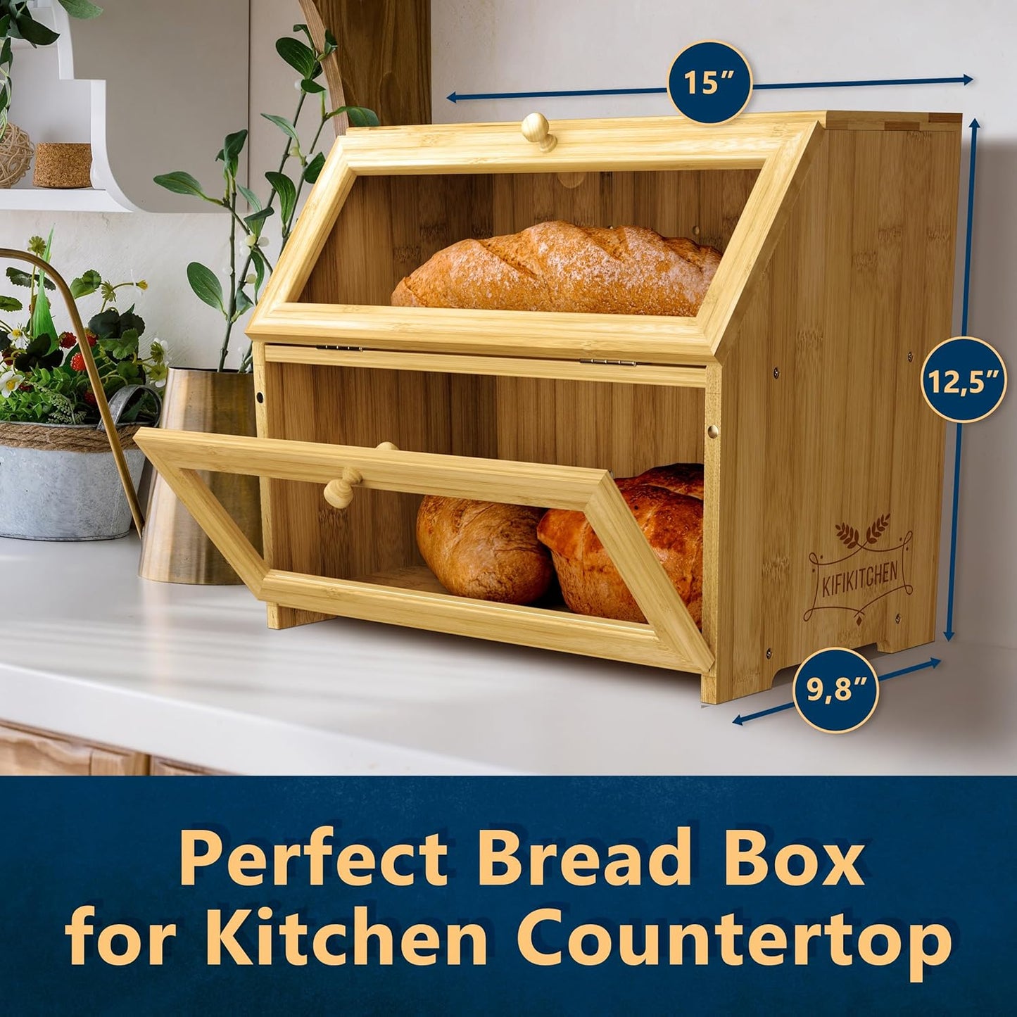 Bamboo Bread Box Space Saving Rustic Flat-Top Bread Bin for Countertop - Store Bread Cake and Baked Goods - 15 x 9.8 inches (2 Tier box)