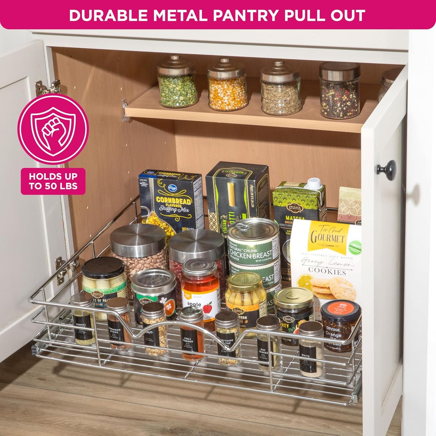 HOLDN’ STORAGE Heavy-Duty Premium Collection Pull Out Cabinet Organizer, Cabinet Drawer Slide Outs, Lifetime Limited Warranty - Basket Size 24" W x 21" D x 5" H, Anti-Rust Chrome Finish