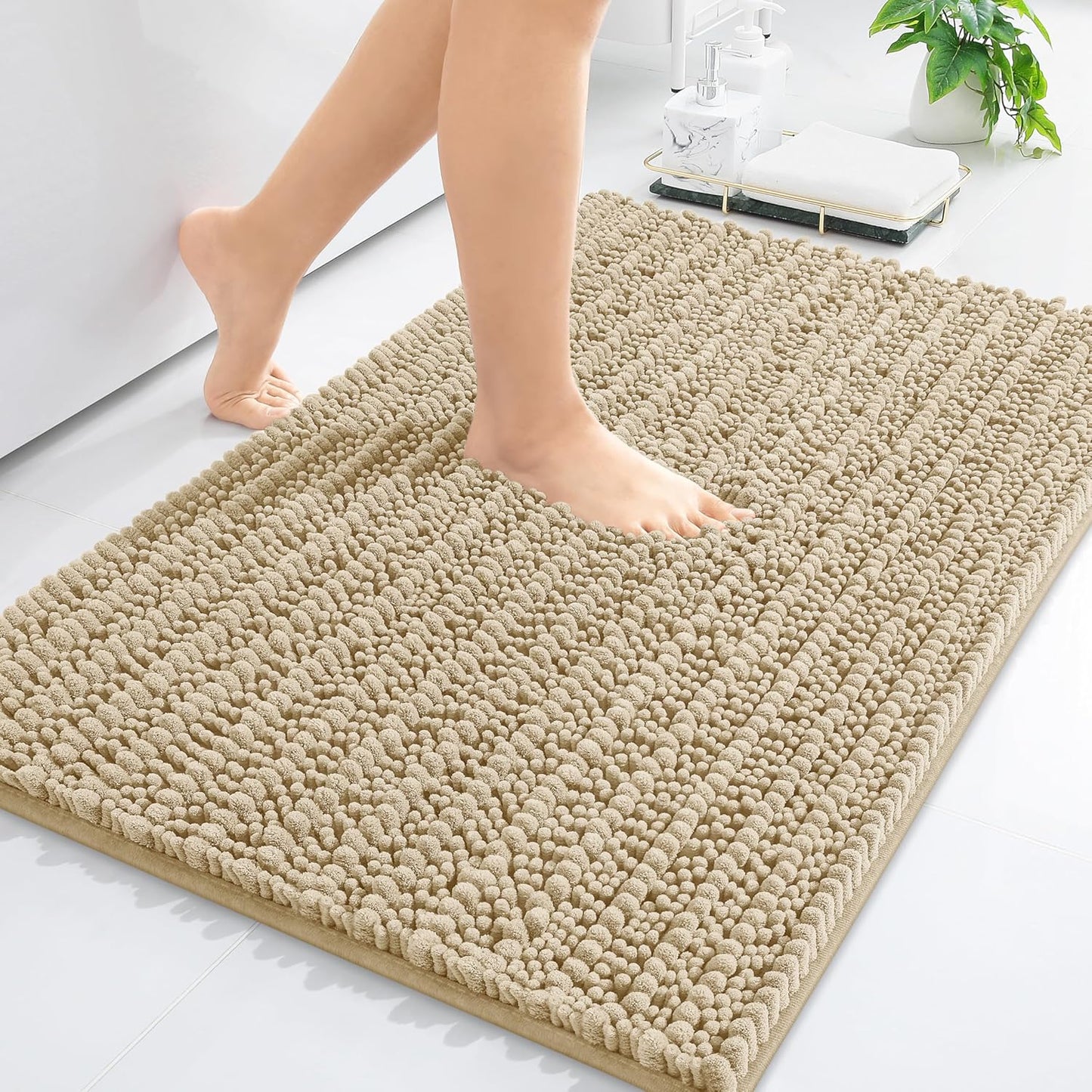 Arotive Luxury Chenille Bathroom Rug Mat, Extra Soft Thick Absorbent Shaggy Bath Rugs, Non-Slip Machine Wash Dry, Plush Bath Mats for Bathroom, Shower and Tub, 34x21, Beige