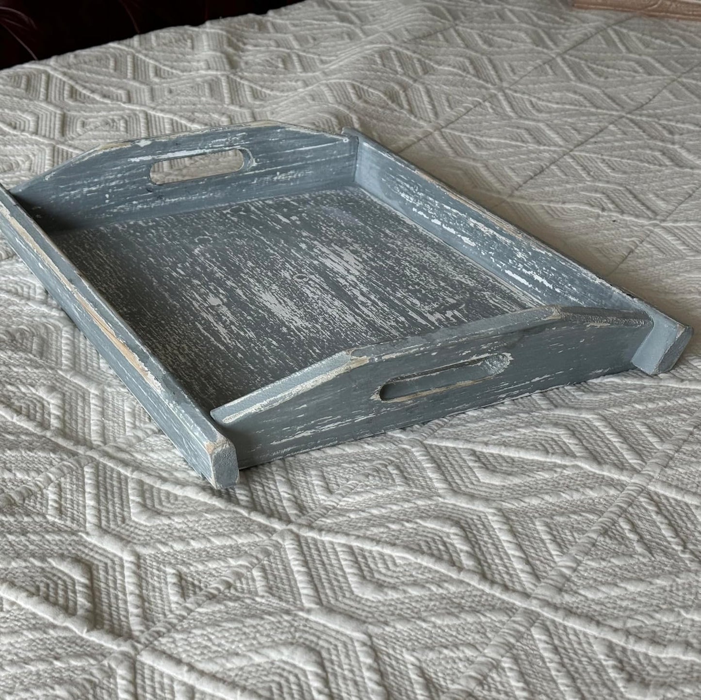 Allgala Wooden Tray 17""x13""x2"" Boat Style Vintage Grey Stylish Rustic Farmhouse Decor Serving Platter | Wooden Ottamen Tray | Coffee Table Tray I Bed Tray, Gray