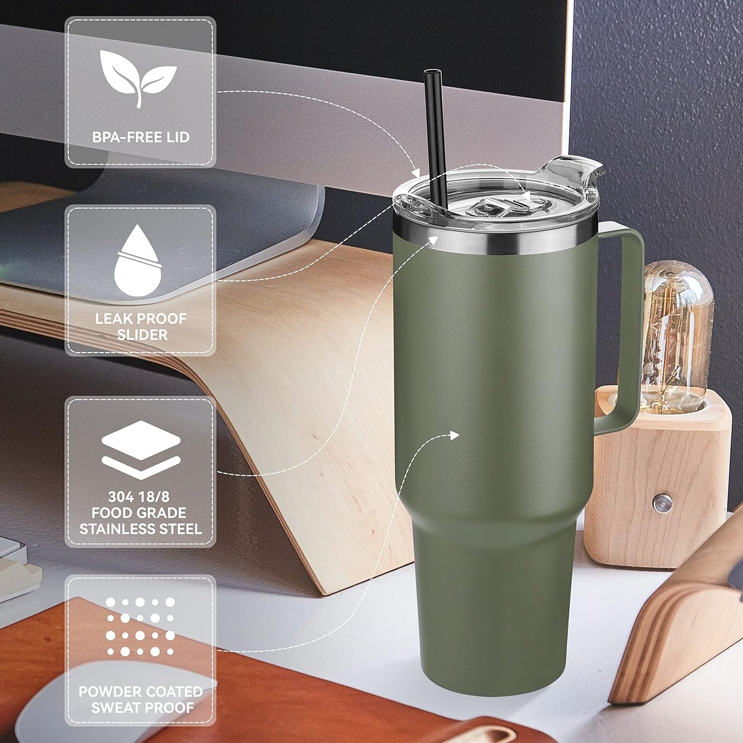 HASLE OUTFITTERS 40 oz Stainless Steel Tumbler with Handle, Vacuum Insulated Tumblers Bulk, Reusable Double Wall Travel Coffee Mug, Durable Powder Coated Water Bottles(Army Green, 8)