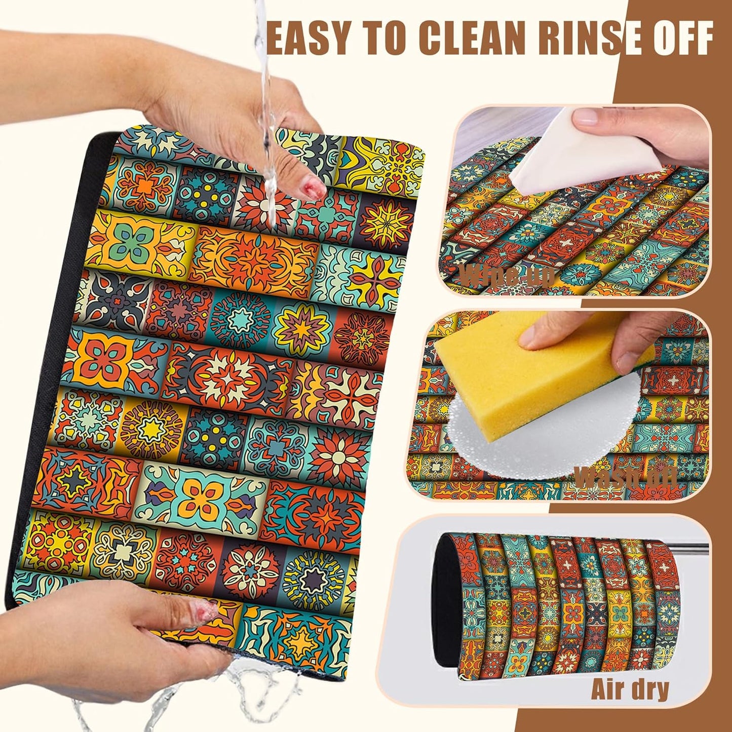 Boho Dish Drying Mat Colorful Mandala Flower Coffee Bar Mat for Countertop Absorbent Rubber Backed Hide Stain Dish Drainer Rack Pad Coffee Pot Espresso Machine Cafe Table Decoration 11.8 x 19.7 Inch