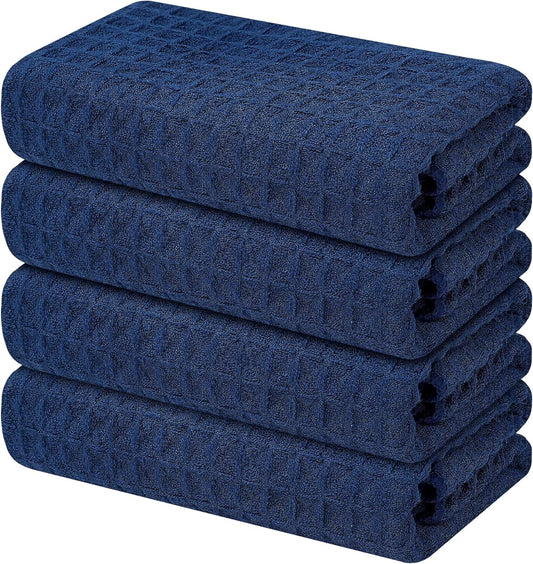 Homaxy Microfiber Waffle Weave Kitchen Towels, 16 x 28 Inch Ultra Absorbent and Solid Color Dish Towels, 4 Pack, Navy Blue