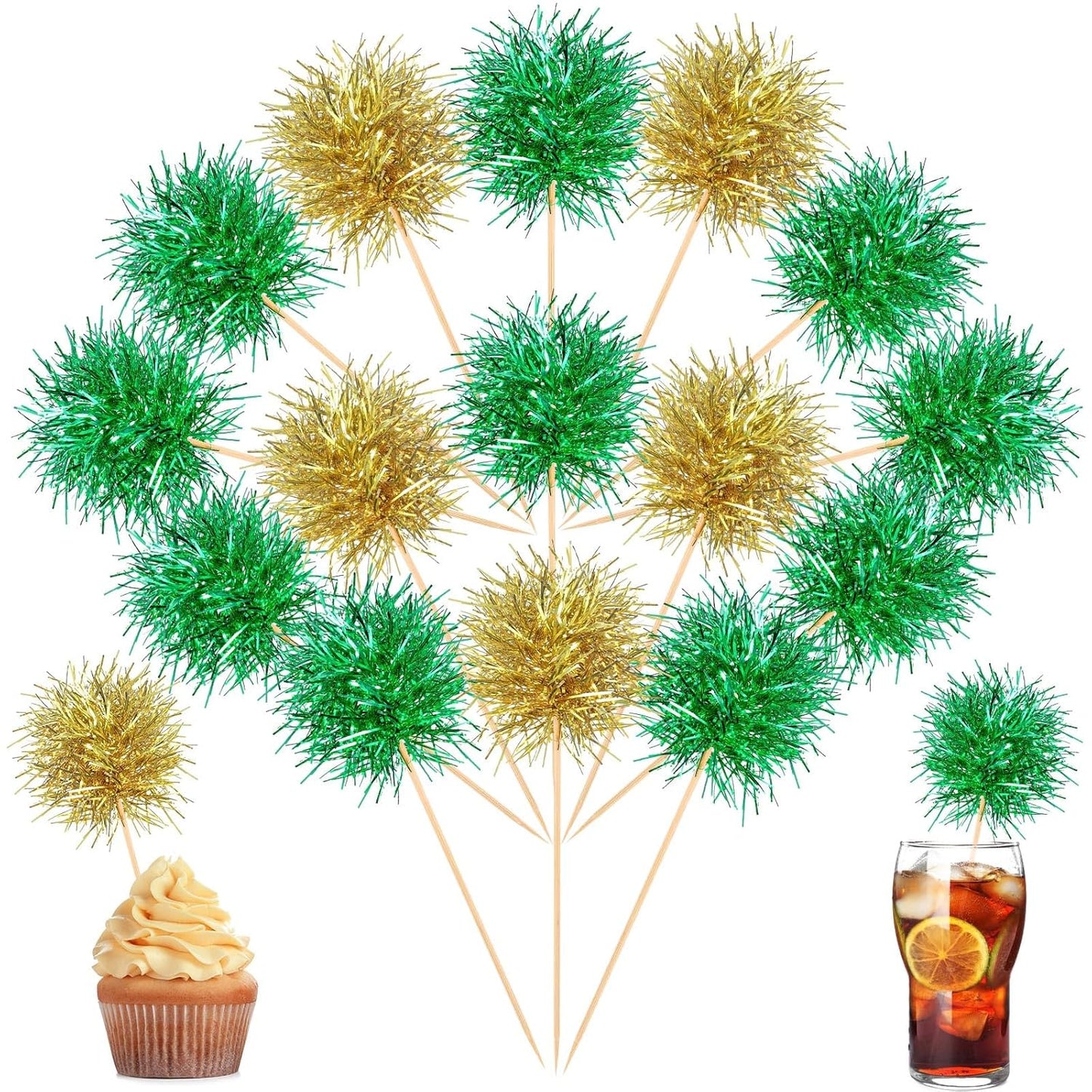 Chinco 100 Pcs Foil Firework Cupcake Toppers Sparkle Tinsel Cake Toppers Cake Decoration Cocktail Fruit Toothpick for Birthday Wedding Graduation Party(Green, Gold)