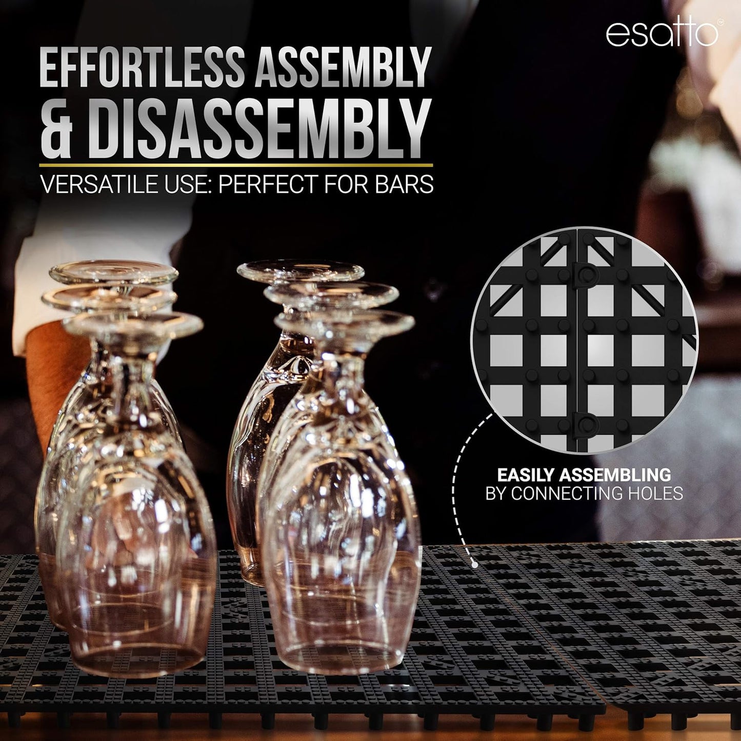 Esatto 12 Pack Interlocking Shelf Mats 12″, Black – for Spills, Clean Bars, Stain Protection, and an Anti-Slip Surface