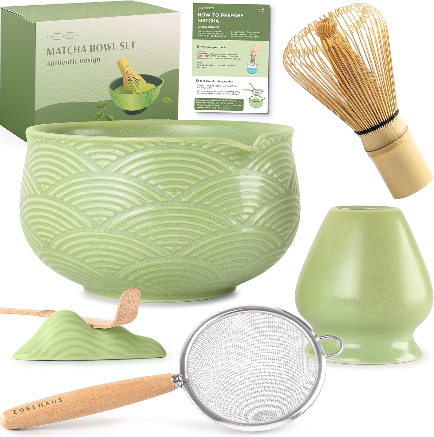 Matcha Whisk Set (7 Pcs) - Complete Matcha Set, Matcha Bowl with Spout, Whisk with Holder, Bamboo Scoop with Rest and Sifter, Perfect Kit for Matcha Lovers (Green Mist)