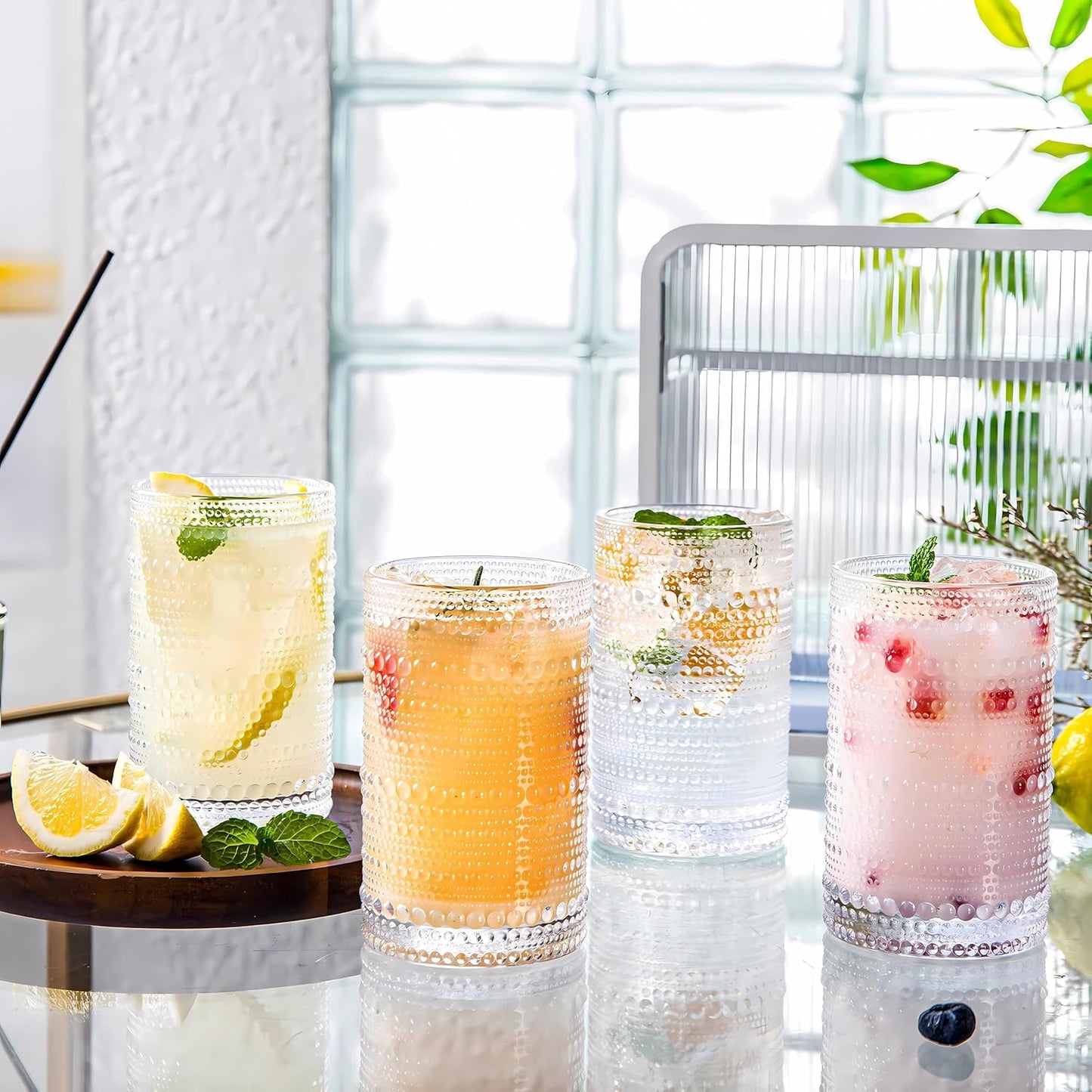 4 Pcs Iced Coffee Glasses Cups with Glass Lids and Straws,12 oz Thick Emboss Beaded Drinking Glass Cup Set,Latte Glasses,Ideal for Water,Soda,Gift - with Cleaning Brushe