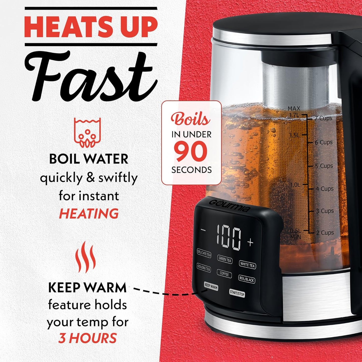 Gourmia Electric Programmable Glass Kettle – 1.7L Temperature Control Tea & Coffee Kettle with Digital Touch Display, 6 Presets, Keep Warm, Removable Stainless Steel Infuser, 360° Swivel Base – Green