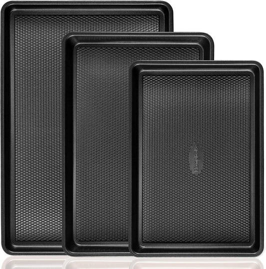 Cookie Sheets for Baking Nonstick - HONGBAKE Baking Sheet Pan Set of 3, Half/Quarter/Jelly Roll Pan for Oven with Diamond Texture Pattern, 57% Thicker Carbon Steel Cookie Trays, Dark Grey