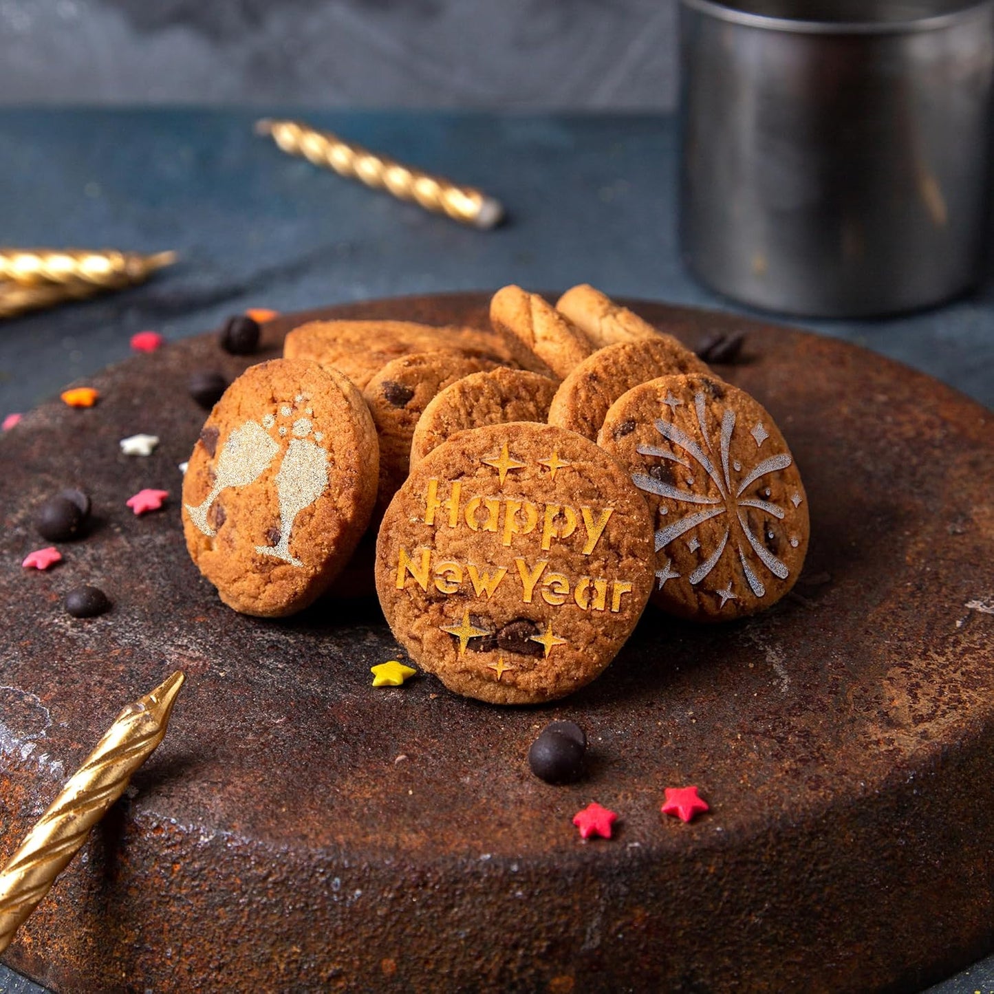 NAKLEO Coffee Cookies Decoration Reusable Plastic Baking Stencil - 7x7cm and 11x11cm / 2.8'x2.8' and 4.3'x4.3' - New Years Eve - Art Craft DIY Biscuit Pastry Cake Glaze Kitchen