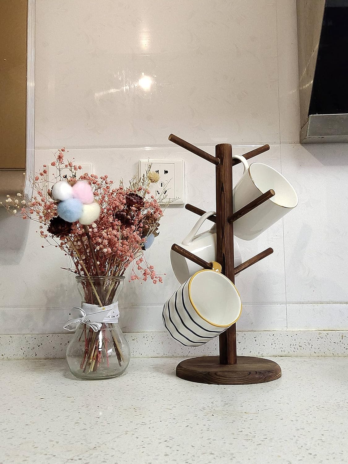 Dorhors Mug Holder Tree,Coffee Cup Holder with 6 Hooks, Wood Mug Rack for Counter,Coffee Bar Accessories and Orgnizer Station(Brown)