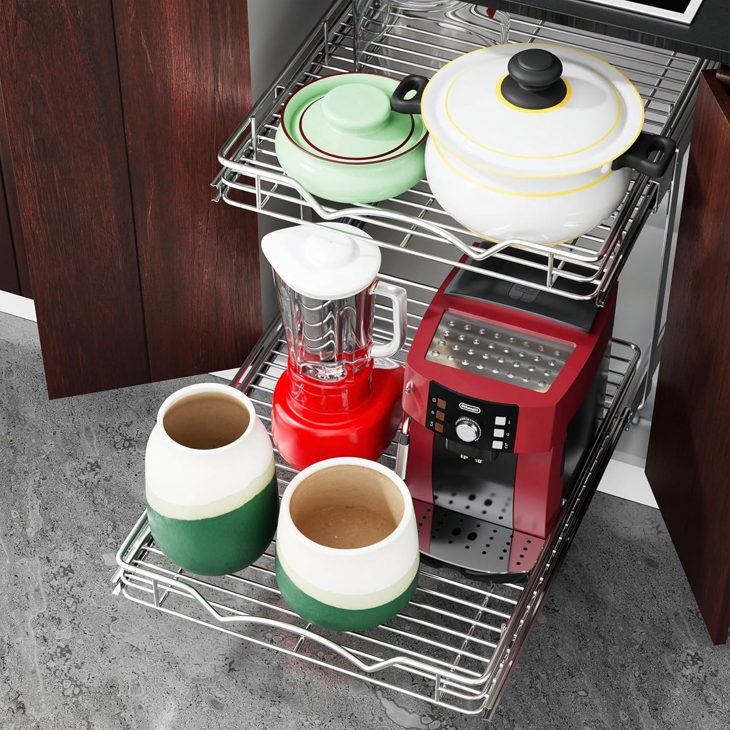 HOLDN’ STORAGE Two Tier Pull Out Cabinet Organizer, Individual Sliding Drawers - Heavy Duty Metal with Lifetime Limited Warranty - Anti Rust Chrome Finish - 14" W x 21”D x 16.5" H