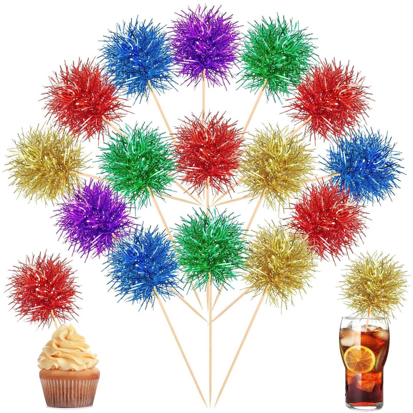 Chinco 100 Pcs Foil Firework Cupcake Toppers Sparkle Tinsel Cake Toppers Cake Decoration Cocktail Fruit Toothpick for Birthday Wedding Graduation Party(Bright Color)