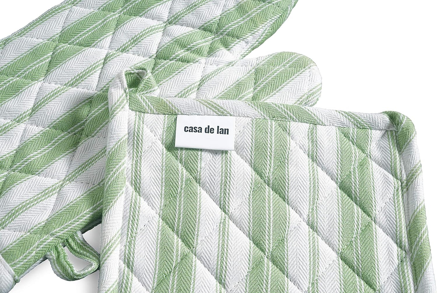 Oven Mitt & Potholder Set - Durable Heat Resistant Gloves - Thick Mittens for Kitchen - Suitable for Cooking, Baking, Grilling – BBQ - 1 Oven Mitts & 1 Potholders – Grass Green Stripes - Casa De Lan