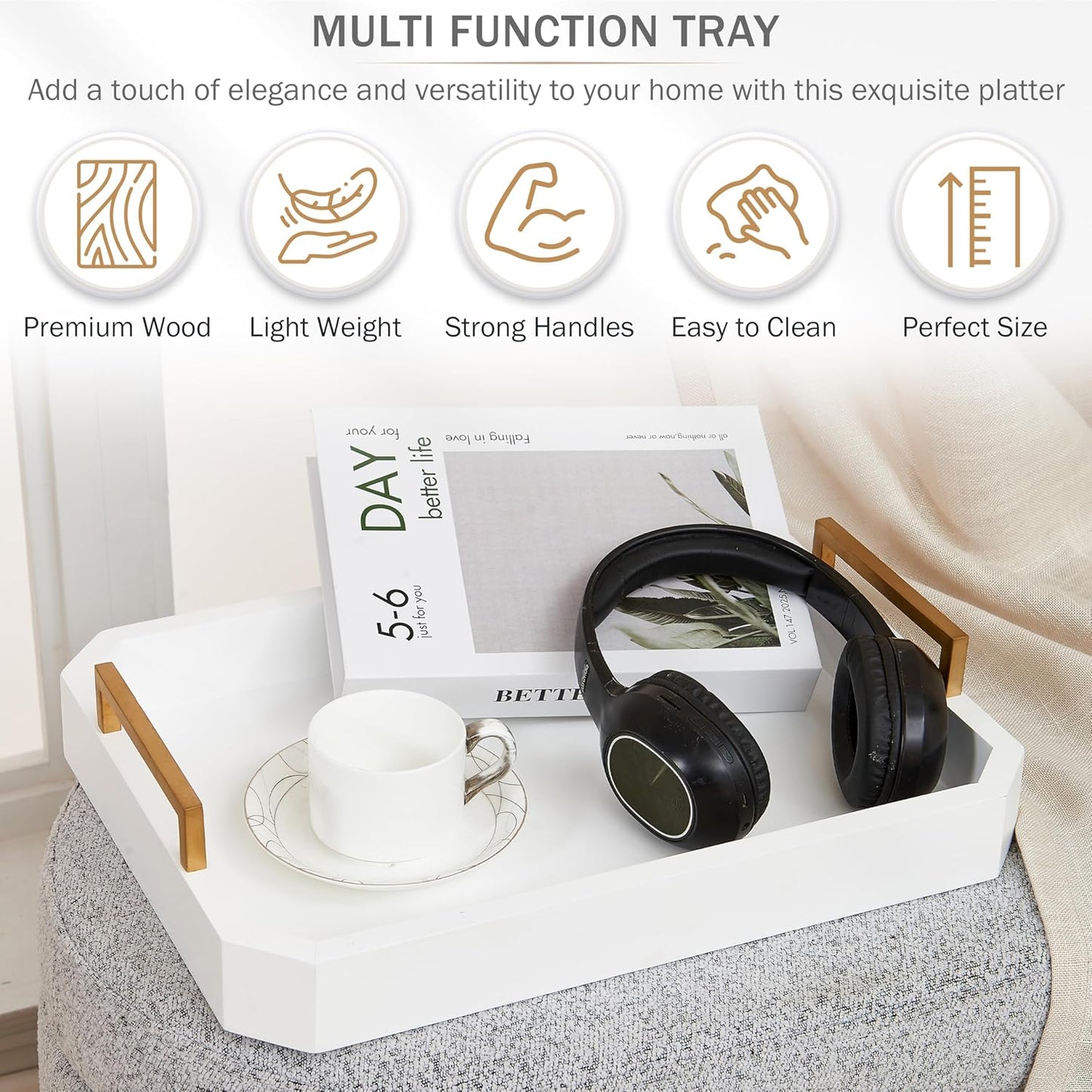 Decorative Acacia Wood Ottoman Tray - Coffee Table Tray - Breakfast, Party, Drinks, Snack, Liquor Serving Platter - Farmhouse to Modern - Brass Handles (Moonlight White)