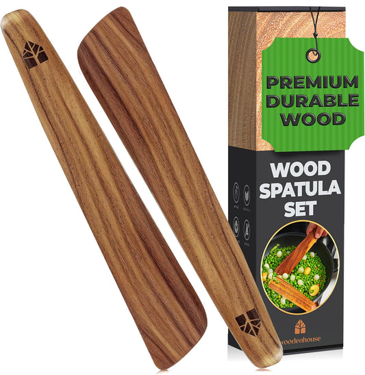 12 inch Teak Wood Spatula for Cast Iron, Small Wood Flipper, Egg Scraper, Flat Wooden Turner, Multipurpose Wood Cooking Utensil, Spatulas Perfect for Flipping, Serving, Scraping & Turning. Set of 2