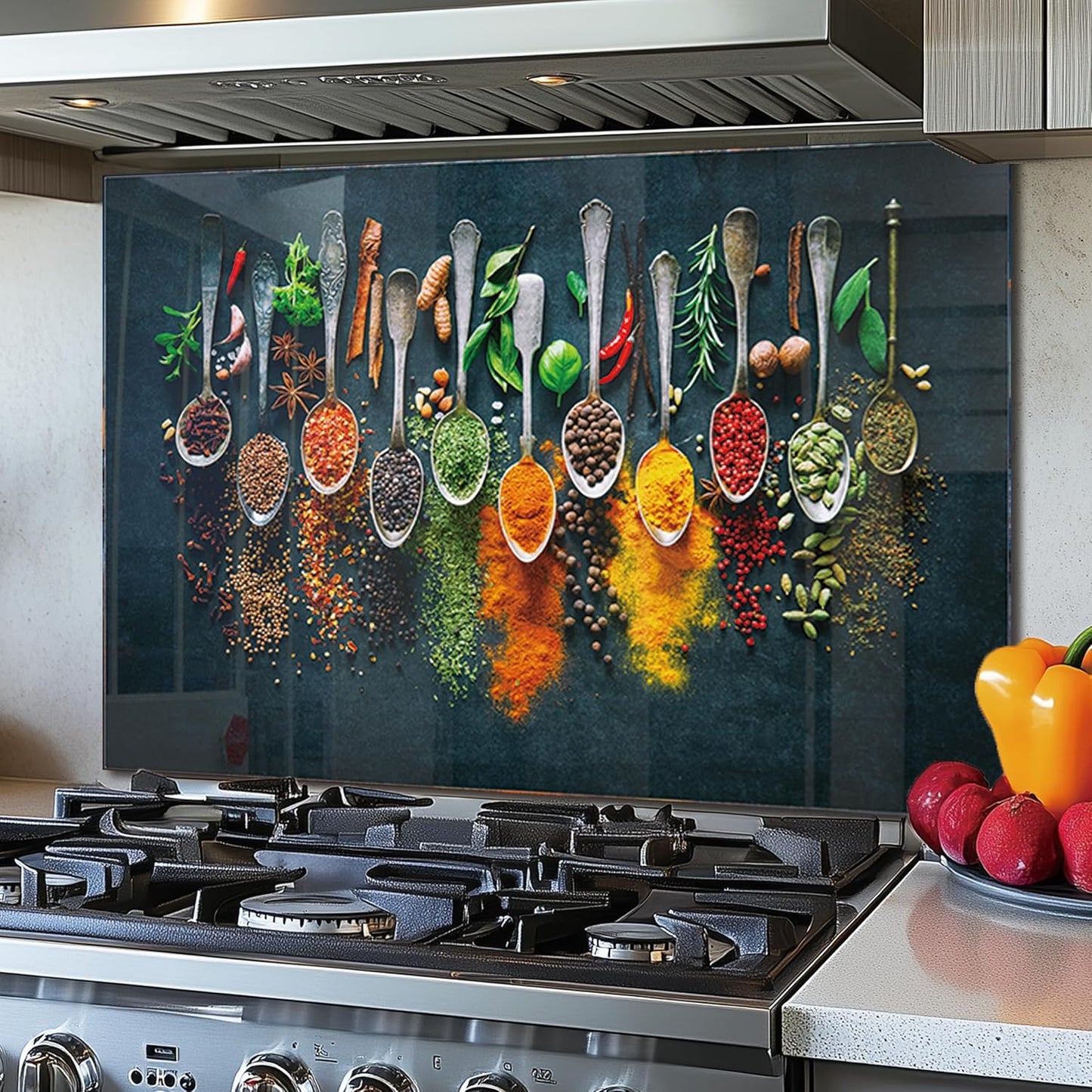 DAIFURONGE Spice Tempered Glass Backsplash For Kitchen Behind Stove,Stove Backsplash Top Cover,Easy to Clean Glass Splashback, Sink Cover Splash Guard,Home Kitchen Wall Decor (27.56"x19.69"(70x50cm))