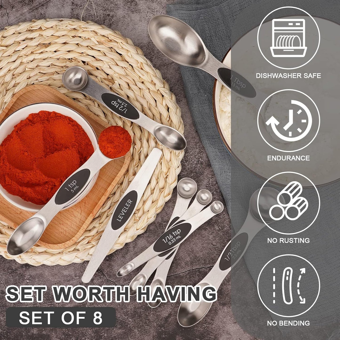 Aovchei 8 PCS Magnetic Measuring Spoons Set, Dual Sided, Stainless Steel Small Tablespoon, Teaspoons, Fits in Spice Jars, for Dry and Liquid, Black