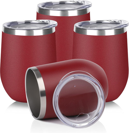 DOMICARE Stainless Steel Wine Tumbler Bulk with Lid, Personalized Insulated Tumblers Set, 12oz Travel Coffee Cups Pack of 4, Red