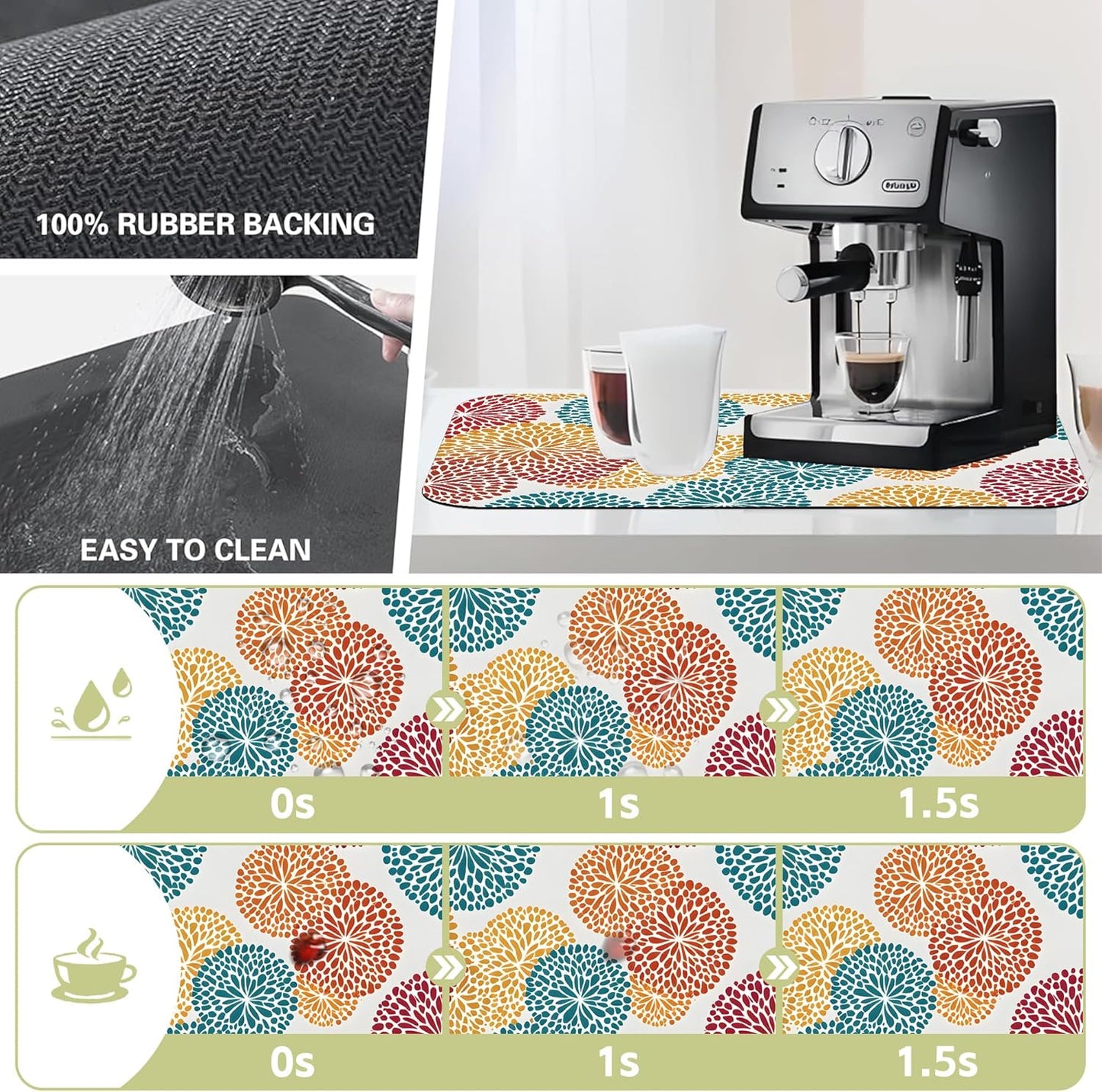 Abstract Floral Elements Dish Drying Mat Artifical Floral Kitchen Mat 12"x19" Bsorbent Coffee Maker Mat for Dishes,Utensils Coffee Maker Pots and Pans Easy Clean Dish Slip Resistant Pad