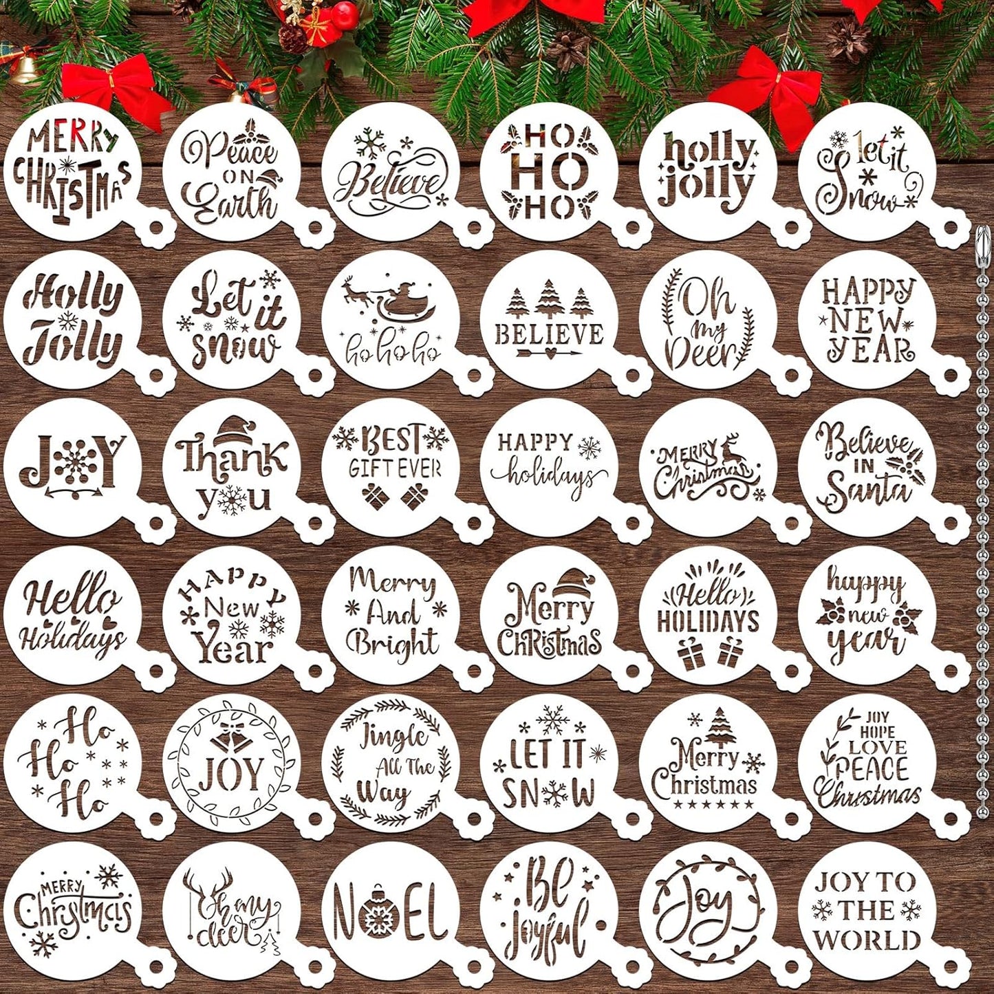 JULBEAR 36 Pieces Reusable Christmas Cake Stencils Templates Molds Tools for Christmas Holiday New Year Cookies Baking Painting Dessert Coffee Decoration