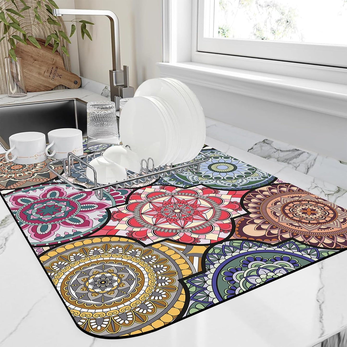 Dish Drying Mat Bohemia Vintage Decorative Pattern Kitchen Mat 12"x19" Bsorbent Coffee Maker Mat for Dishes,Utensils Coffee Maker Pots and Pans Easy Clean Dish Slip Resistant Pad
