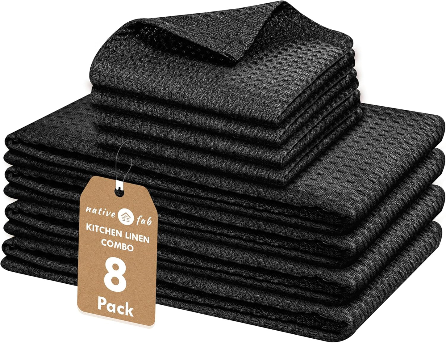 Native Fab Cotton Kitchen Towel & Dishcloths Set - 8 Pieces, Ultra Absorbent, Washable, Quick Drying, Durable Towels for Cooking, Cleaning, Baking - Ideal for Home, Restaurants, Cafes - Black