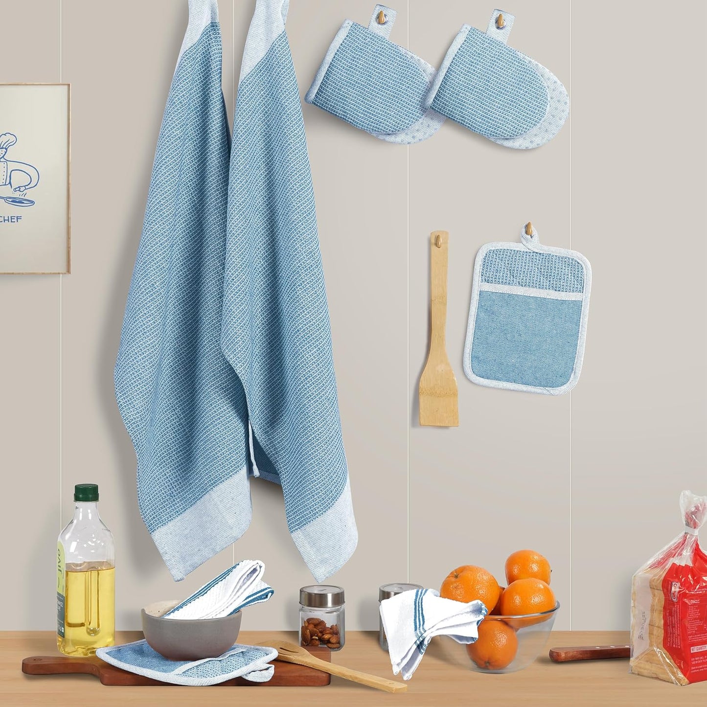 Casa Platino Silicone Oven Mitts Set, 8-Piece – 500°F Heat Resistant Mini Oven Mitt Set, Potholders for Kitchens, 2 Kitchen Towels & 2 Dish Cloths – Durable, Non-Slip & Machine Washable – Cornflower