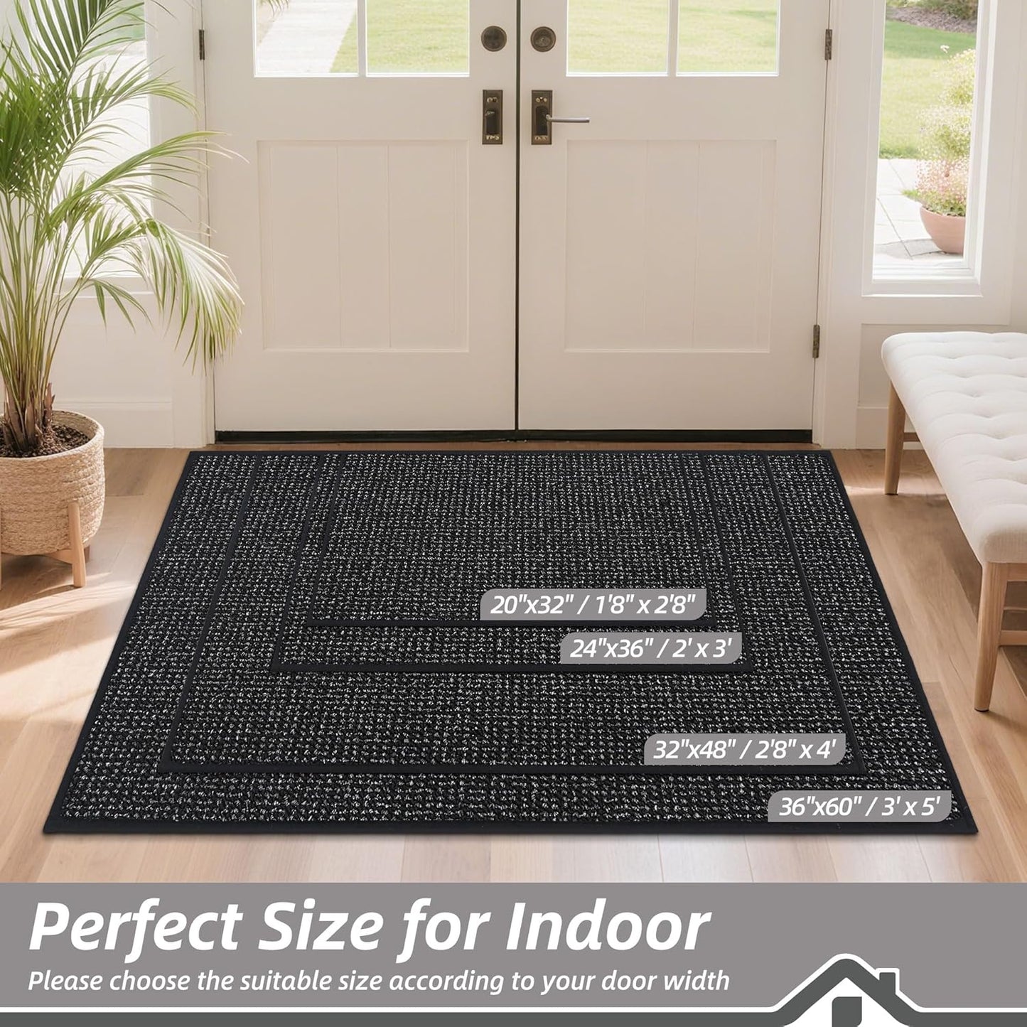 BEQHAUSE Dirt Trapper Door Mat 24" x 36", Non-Slip Washable Doormats Entrance Mat, Dirt Resistant and Absorbent Welcome Mat, Low Profile Floor Mats for Front Back Door and Entryway, Black