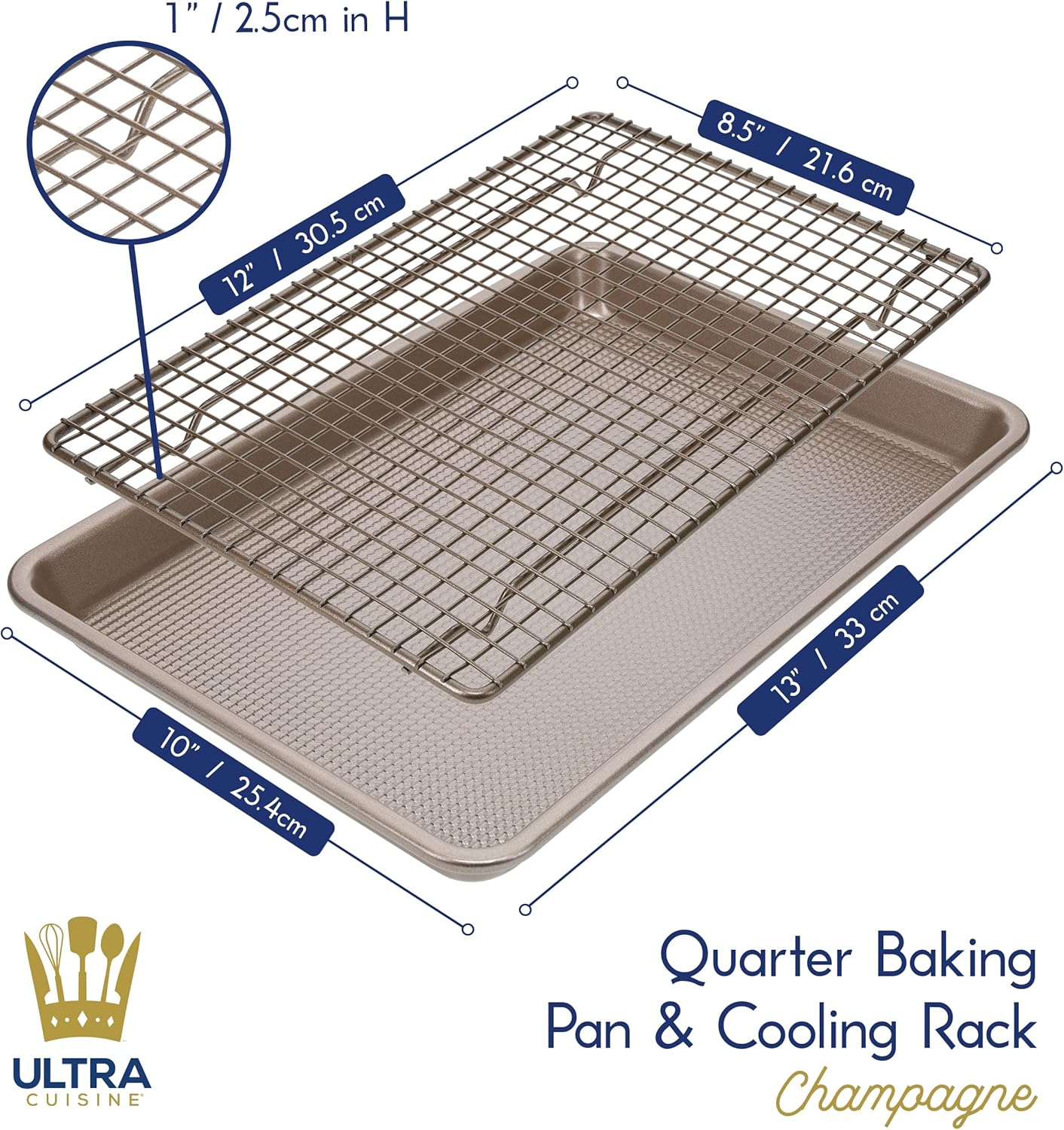 Ultra Cuisine Quarter Baking Sheets with 100% Stainless Steel Rack Set - Includes Premium Aluminum Baking Sheet and Dishwasher Safe Cookie Cooling Racks,Commercial Quality 13"x9"x1"