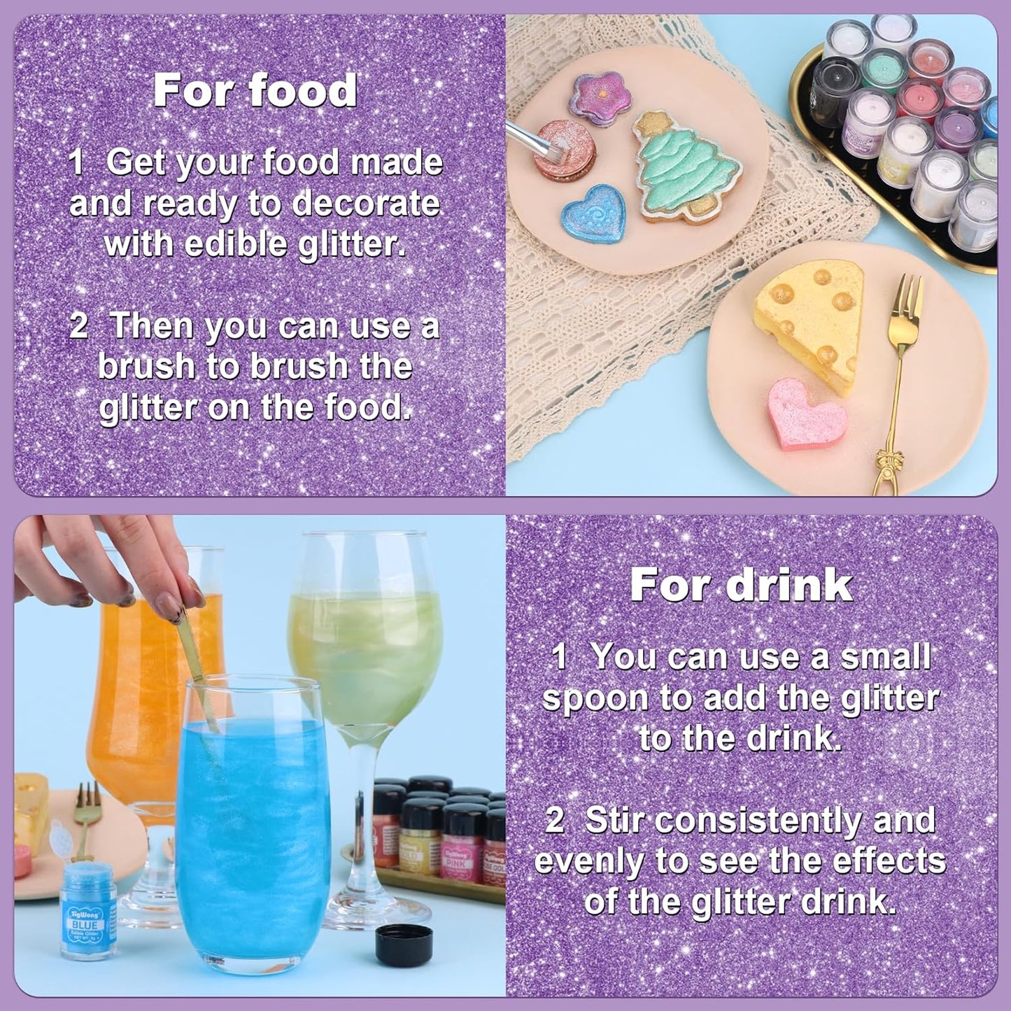 Purple Edible Glitter - 5g Food Grade Cake Decorating Shimmering Glitter, Edible Sprinkle Luster Dust for Drinks, Chocolates, Fondant, Strawberries, Cupcakes, Candy, Cookie - Vegan