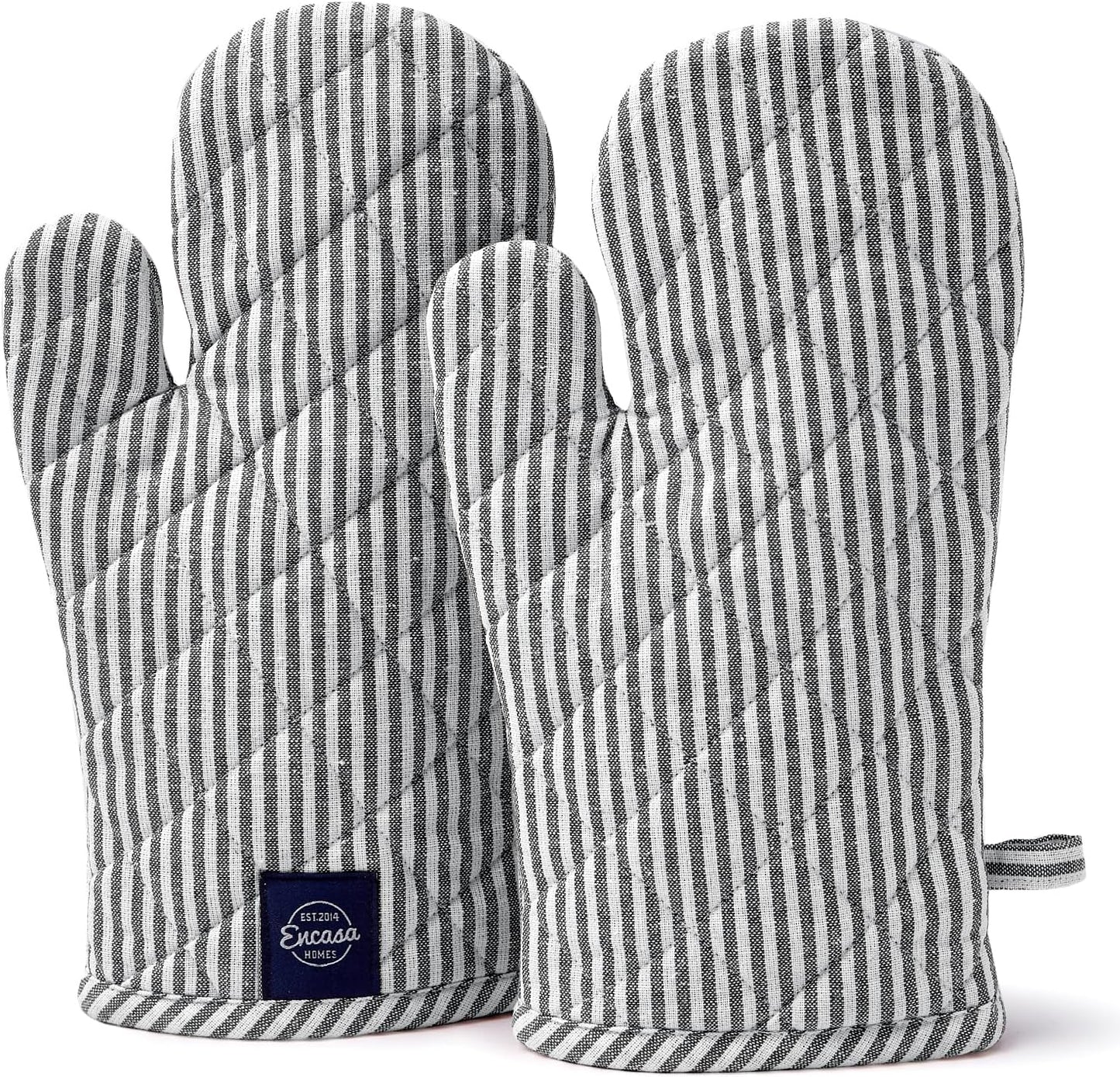 Encasa Homes Long 12"x7" Oven Microwave Hand Gloves Mitts (2 pc Set) for Kitchen Cooking & Baking - Heat Resistant, Thick & Safe, Protection of Hands from Hot Utensils - Ticking Black